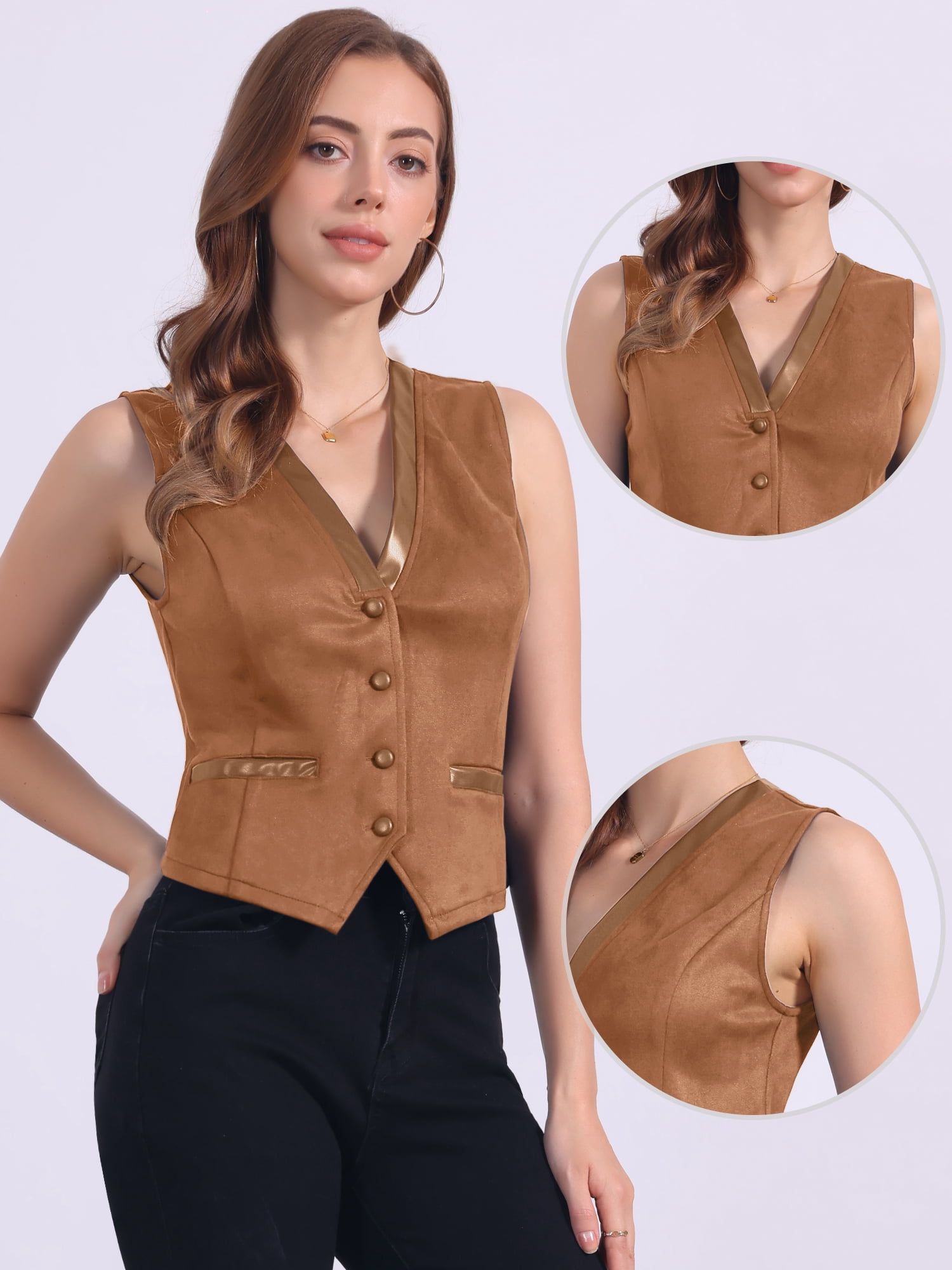 DARING DIVA Women's Vintage V Neck Faux Suede Button Down Sleeveless Jacket Vest XS Deep Brown