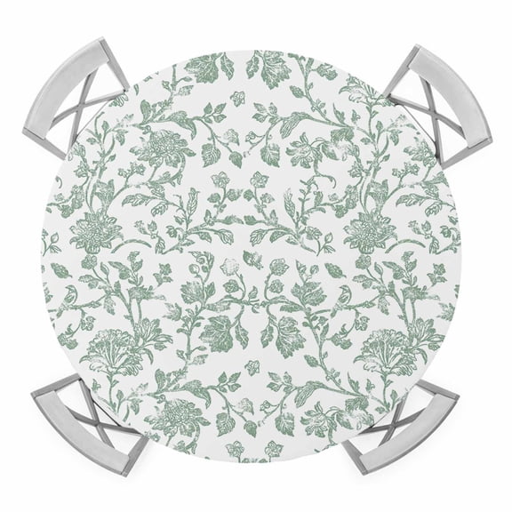 Round Fitted Tablecloth with Elastic Edge, Green Flower Waterproof Table Cloth Table Cover for 55"-60" Tables, Farmhouse Vintage Boho Leaf Spring Tablecloths for Dining Picnic Party Outdoor