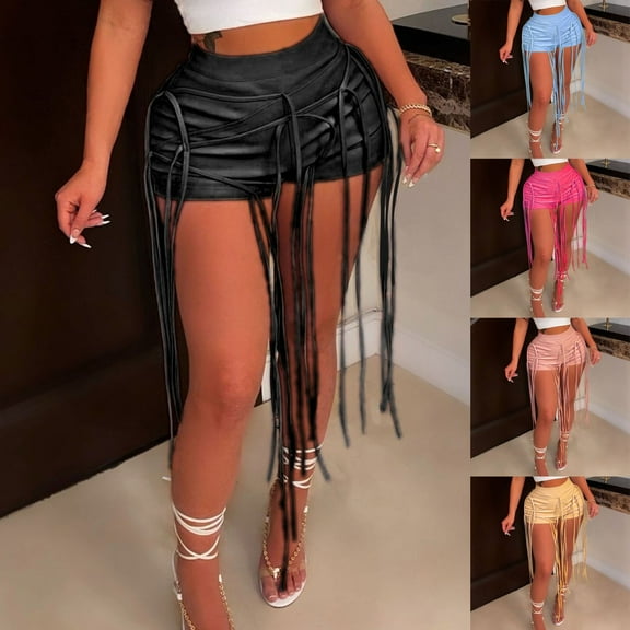 Jinhomg Women's Club Shorts 2025 Trendy Lace Up Tassel Leather Shorts Casual High Waist Criss Cross Shorts Night Party Short Pants Black M