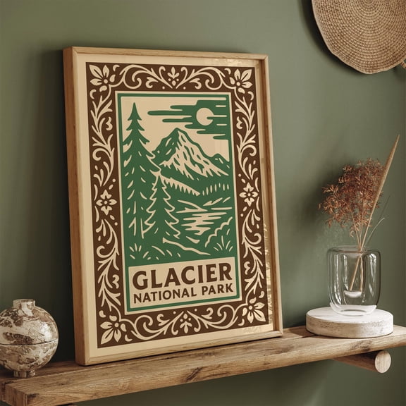 Glacier National Park Poster, Vintage Style Travel Print, Retro Landscape Wall Art UNFRAMED Poster, Wall Art for Decor, Present, 8x12
