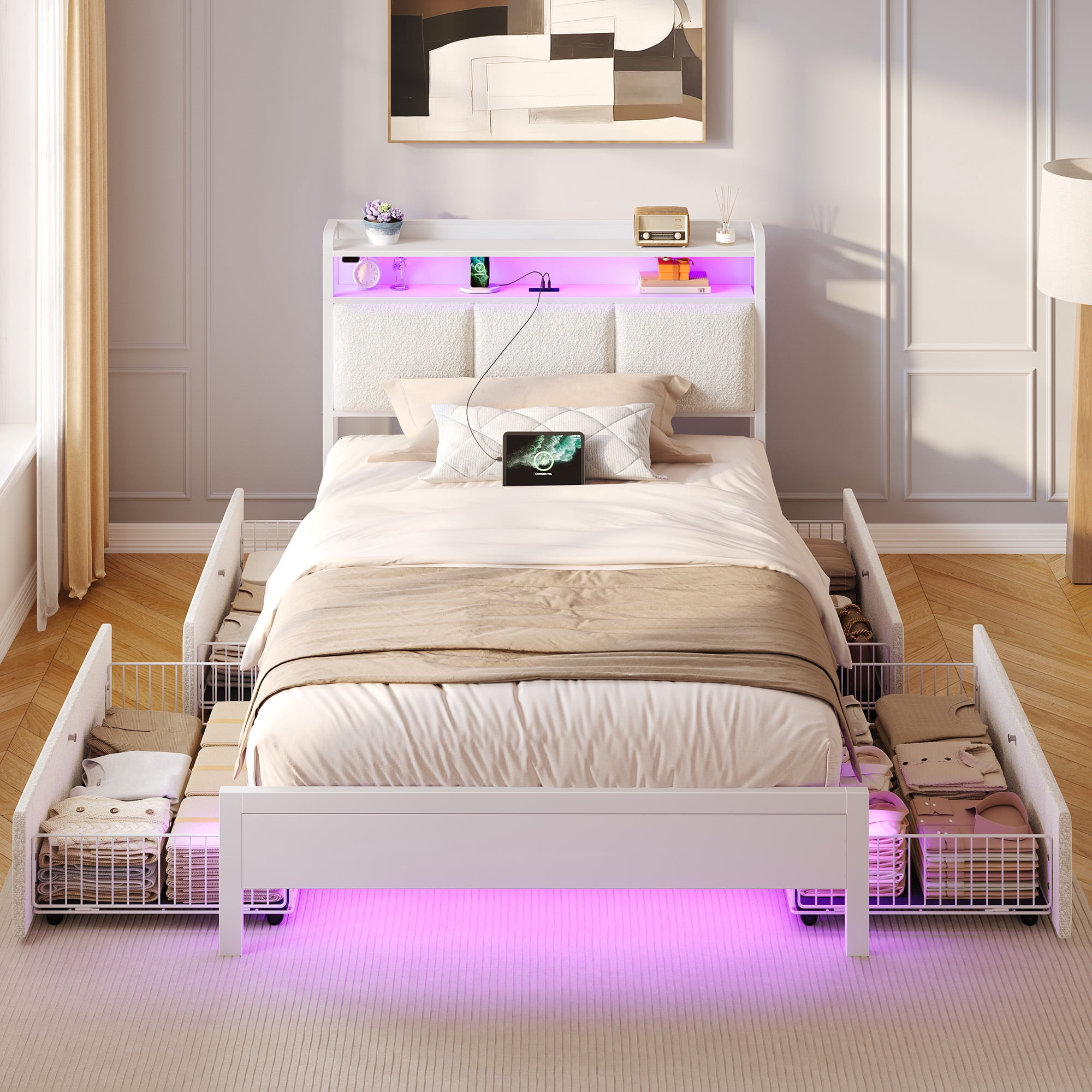 Greenstell Twin Size Bed Frame with Storage Headboard, LED Lights ...