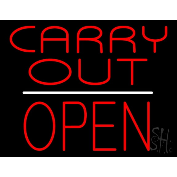 Carry Out Block Open White Line LED Neon Sign 15 x 19 - inches, Clear Edge Cut Acrylic Backing, with Dimmer - Bright and Premium built indoor LED Neon Sign for restaurant window and interior decor.