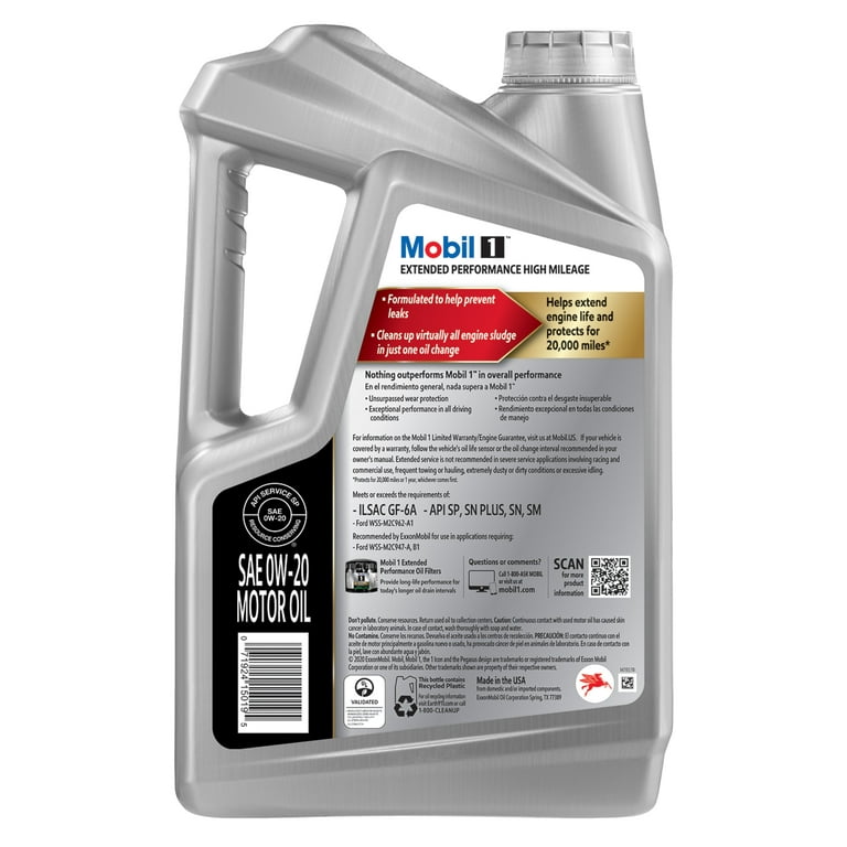 Mobil 1 Extended Performance High Mileage Full Synthetic Motor Oil 0W-20, 5  Quart (3 Pack) 