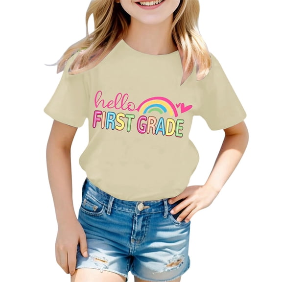 Sjldqy Girls Clothes Graphic Tees Crew Neck Short Sleeve Summer Casual First Graders Back To School Kids T Shirt Size 1-2 Years Beige
