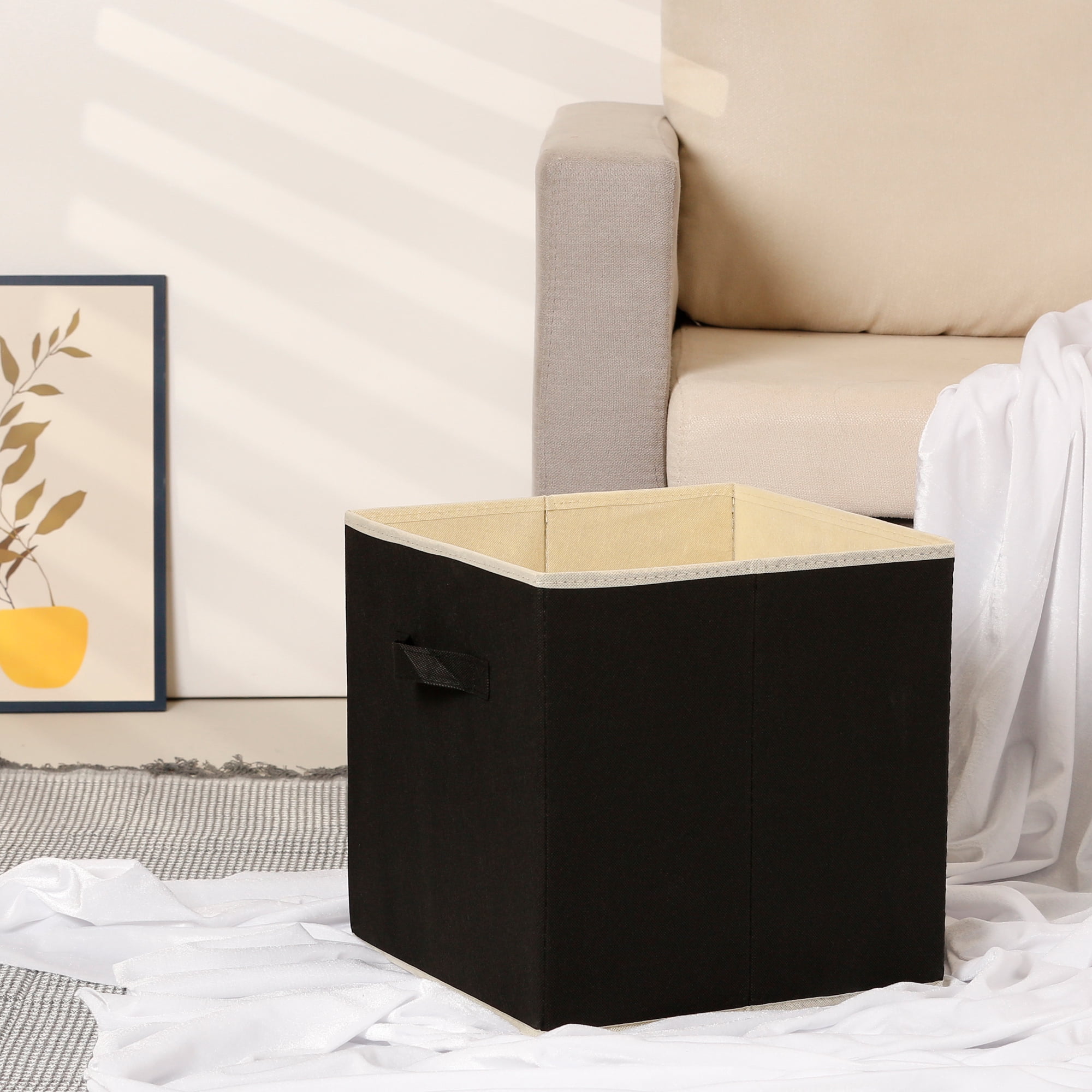 Unique Bargains 3 Pcs Square Fabric Collapsible Storage Basket Bin with Handle Black M