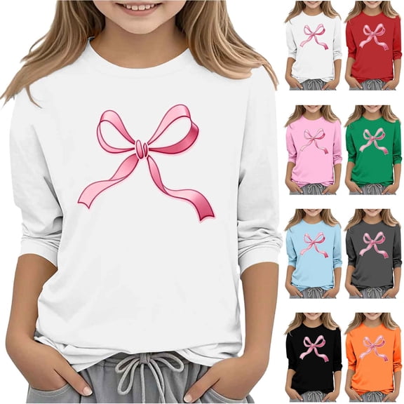 Miluxas Girls Tops 3/4 Sleeve Spring Tshirt Cute Crewneck Going Out Clothes Bow Print Shirts White 13 Years