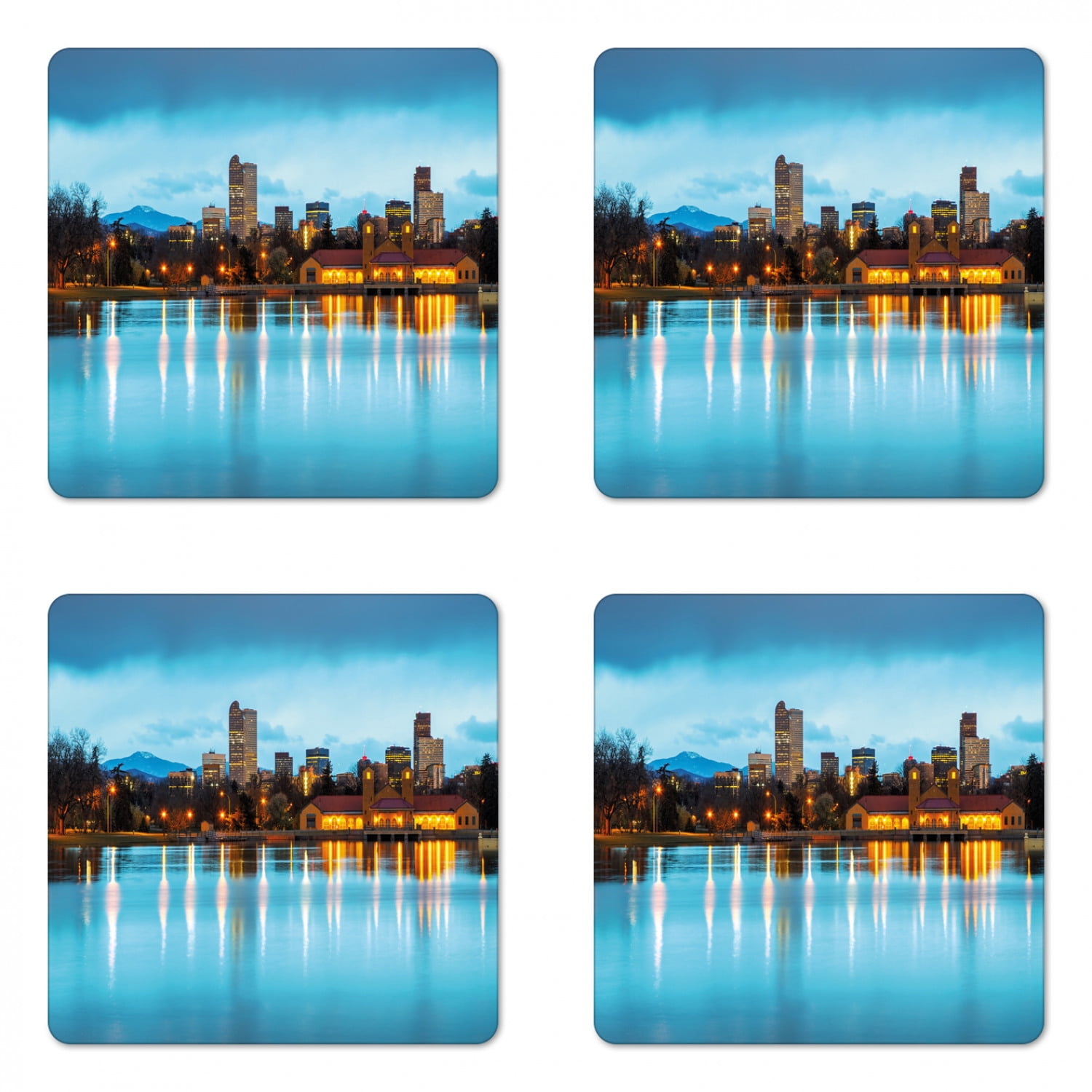 Urban Coaster Set of 4, Downtown Denver Ferril Lake Colorado at the Morning City Park Capital