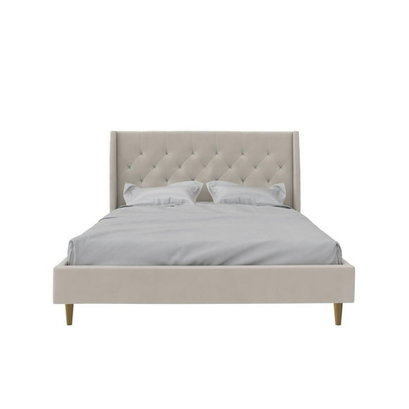 Novogratz Her Majesty Tufted Upholstered Bed Frame, Queen, Ivory Velvet