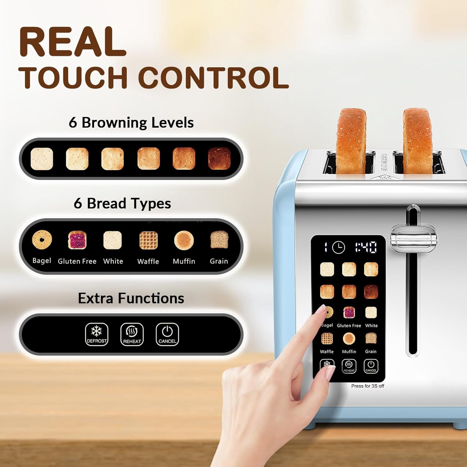 2 Slice Touch Screen Toaster, 1.5" Wide Slot, Stainless Steel Smart Toaster for Bagels, Muffins, Waffles, Gluten-Free Breads, Defrost, Reheat, Timer, 825W, Ice Blue