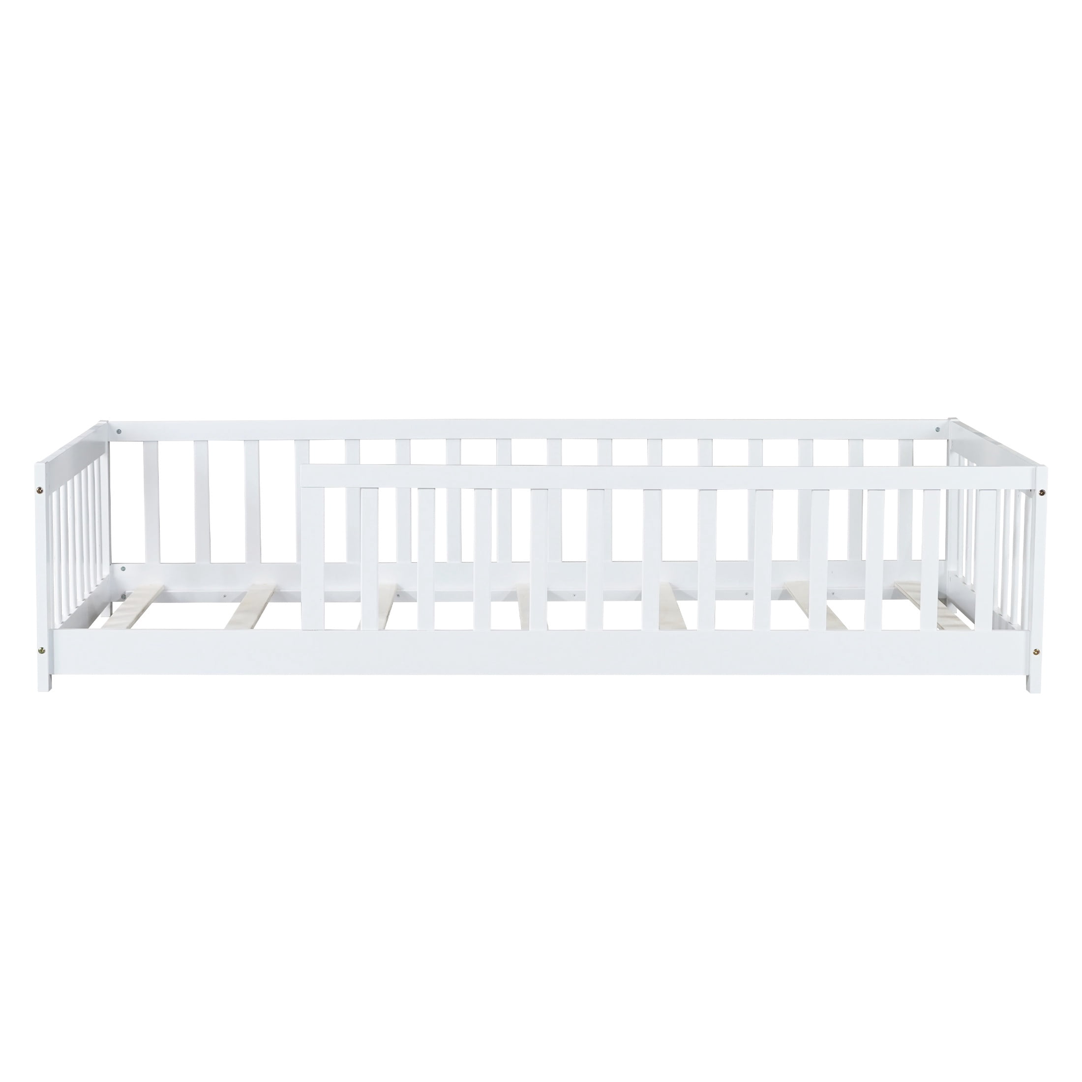 PORKISS Twin Toddler Bed with Guardrails, Low Profile Floor Bed Frame with Open Entry, Wood Montessori Bed with 7 Slats for Kids, No Box Spring Needed, White