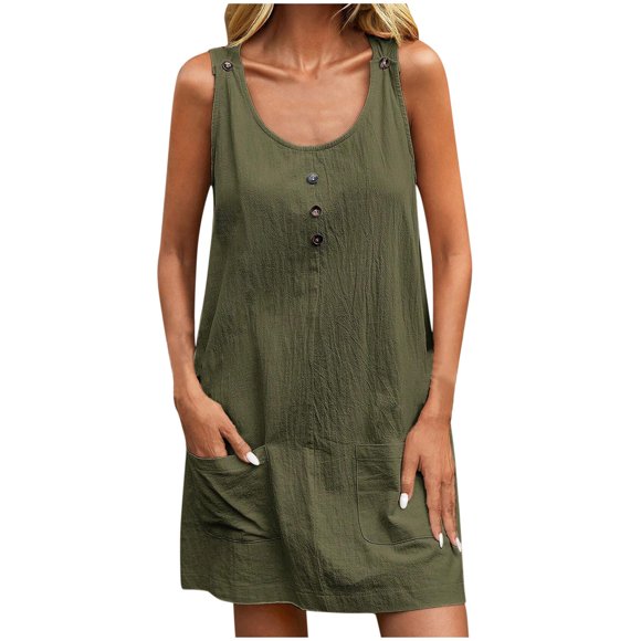Timegard Summer Dresses for Women Scoop Neck Button Casual Sleeveless Short Modest Dress with Pockets