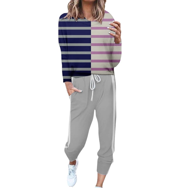 Gibobby Conjunto de sudadera informal para mujer Conjunto de pantalones casuales con cordones de manga larga y cuello redondo a color block a la moda para muj(Marina,CH)