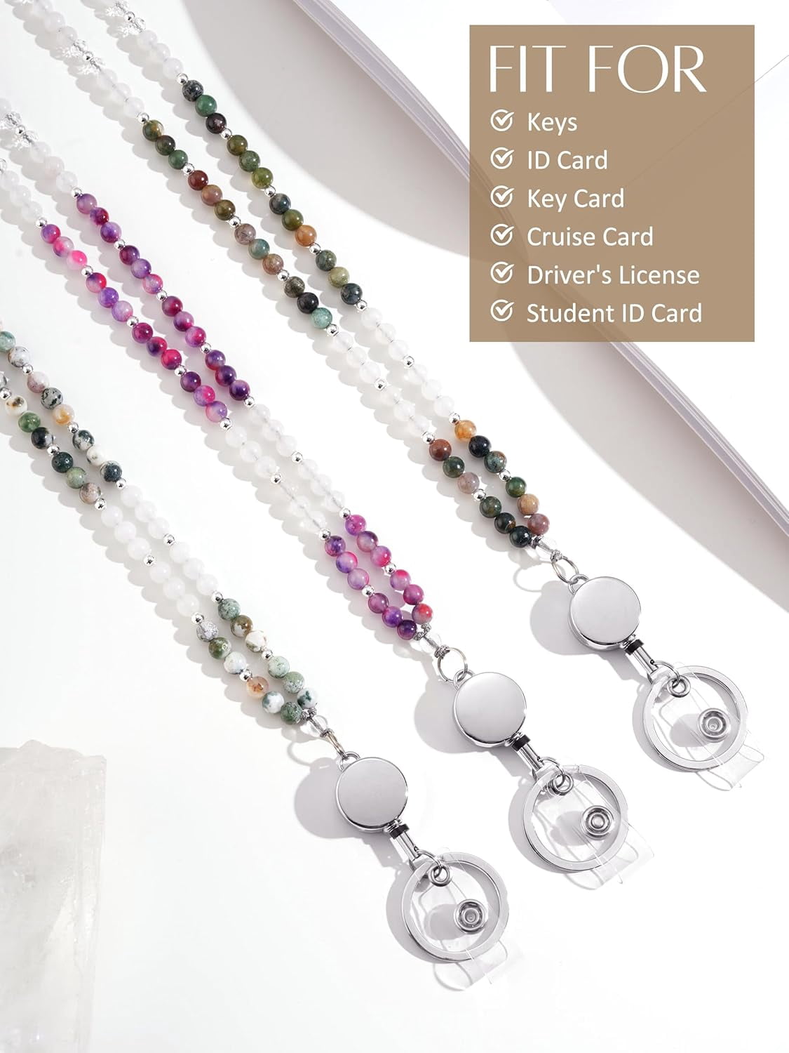 Teacher Lanyards for ID Badges and Keys, Retractable Beaded Lanyards for Women Natural Stone, Cute Lanyard High-Performance Indian Agate