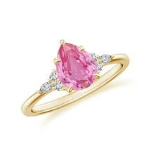 Pear Shaped Pink Sapphire Side Stone Engagement Ring with Moissanite in Sterling Silver/ Yellow Gold Plated Trilogy Promise Wedding Band Ring September Birthstone Jewelry, Ring Size 5