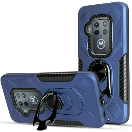 for Moto One Zoom/ Moto One Pro with HD Glass and Phone Case Ring Bottle Opener Magnet Mount Ready Slip Guard Grids Pattern Kickstand Hybrid Slim Shock Bumper Cover (Navy)