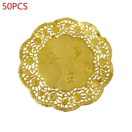

50Pcs/Set 3.5 Inch Hollow Floral Embossed Round Lace Paper Doilies Wedding Party DIY Tableware Metallic Gold Placemat Decoration Crafts