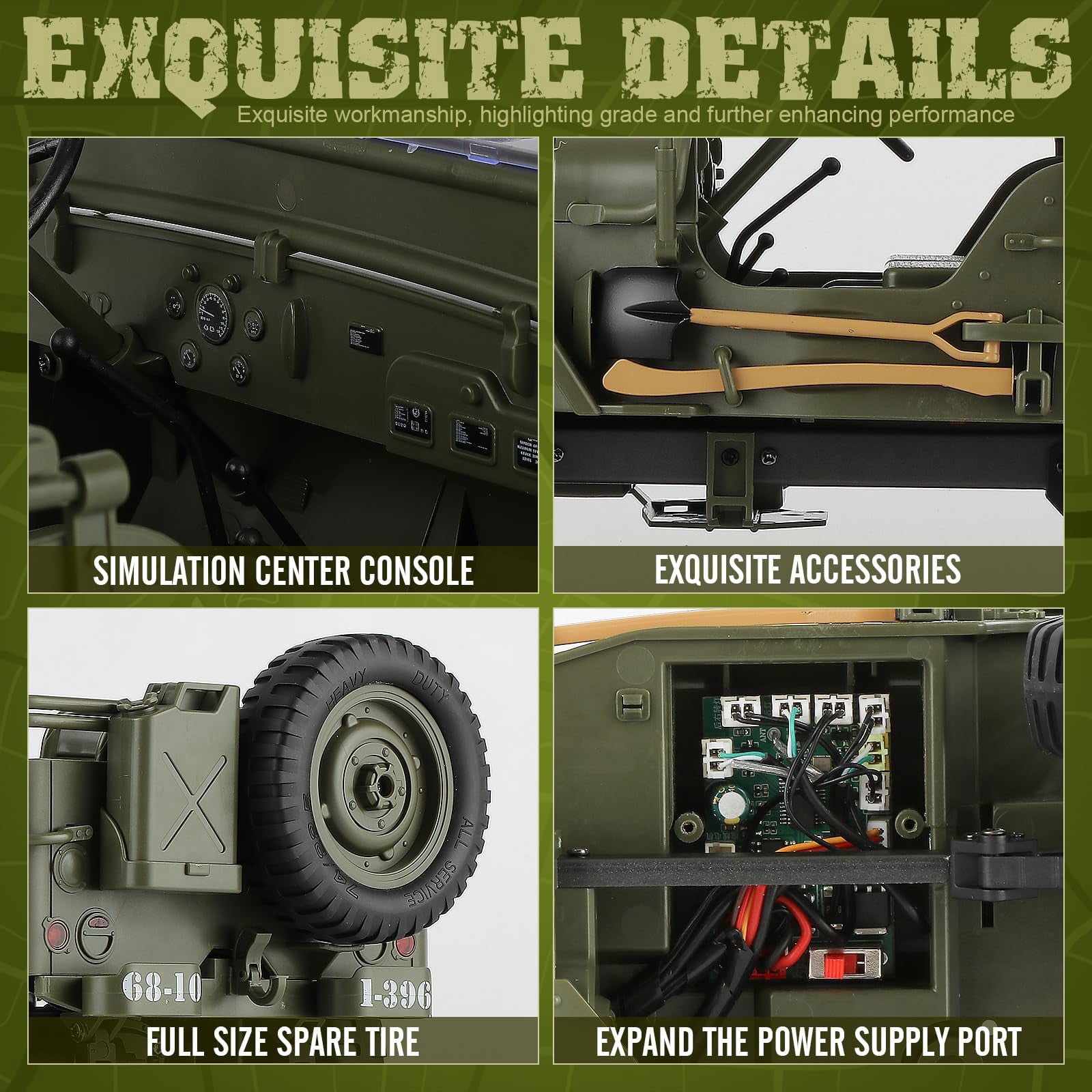 C8815 Remote Control Truck Off Road - 4x4 1/10 Scale Willys Army Rock Crawler RC Truck with Winch&Car Cover, All Terrain Offroad RC Car