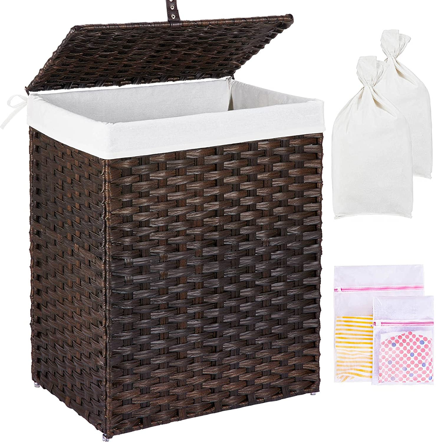 Handwoven Laundry Basket Natural 60L Waterproof Foldable and Easy to Install Clothes Hamper for Bedroom Synthetic Rattan Panier à Linge with Lid and Handles Bathroom Greenstell Laundry Hamper with 2 Removable liner Bags & 2 Mesh Laundry Bags
