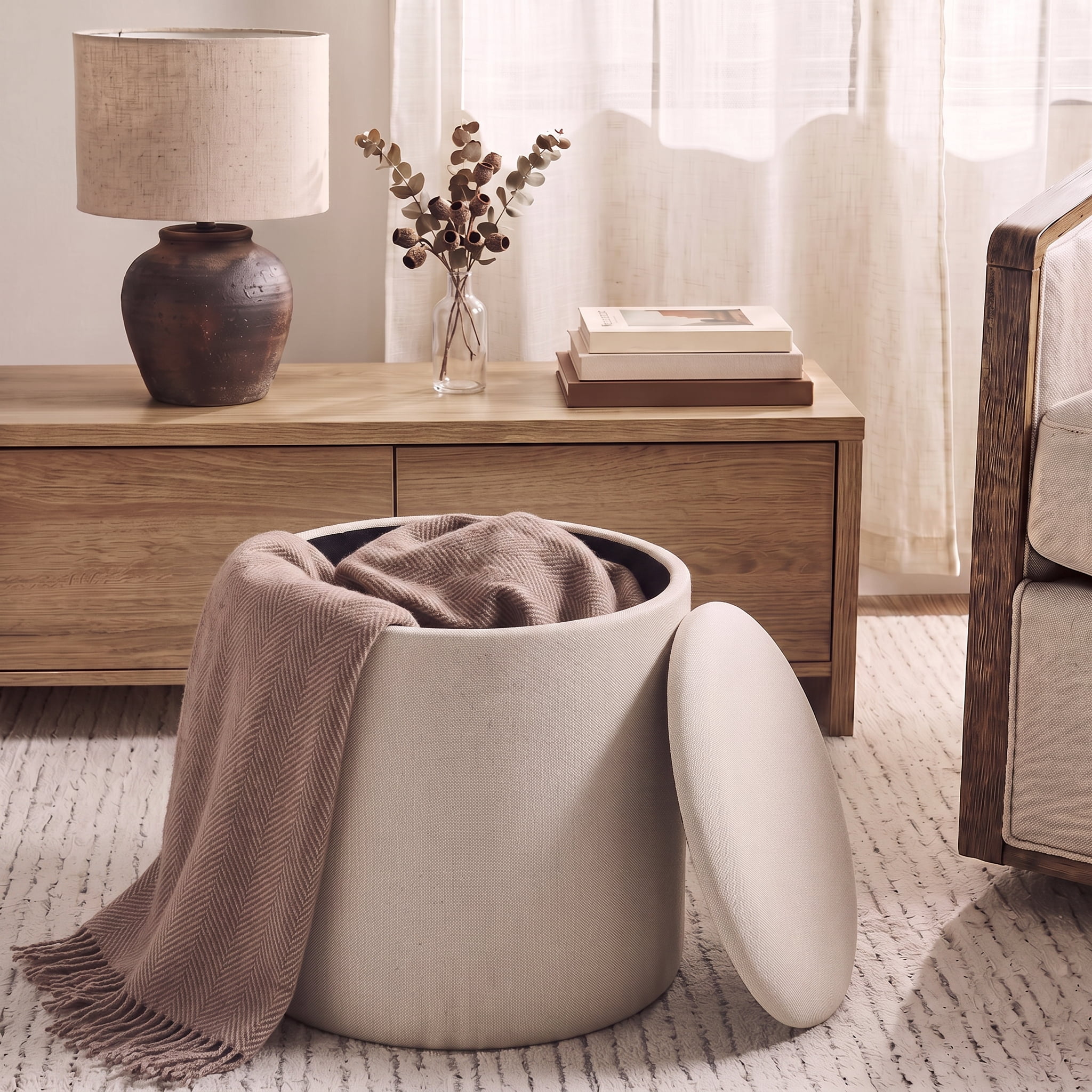 Mainstays Round Storage Ottoman, Cream Linen Fabric