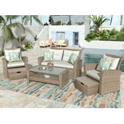 KOIOS Rattan Wicker Patio Furniture, 4 Piece Outdoor Conversation Set with Storage Ottoman, All-Weather Sectional Sofa Set with Beige Cushions and Table for Backyard, Porch, Garden, Poolside, Gray