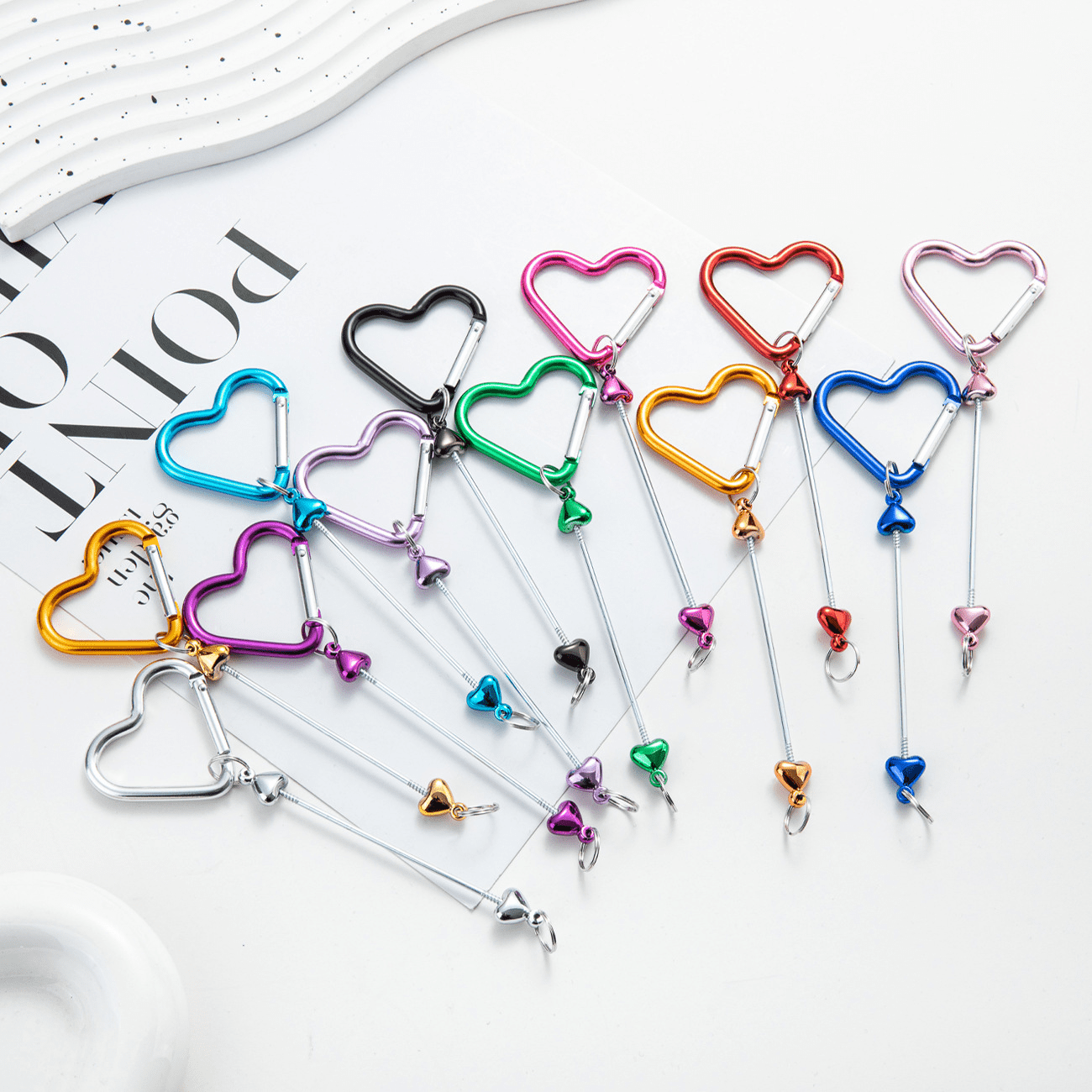 36 Pcs DIY Beadable Keychains Bulk, Heart Carabiner Metal Keychain Blanks in 12 Colors for Personalized Gifts & Craft Supplies