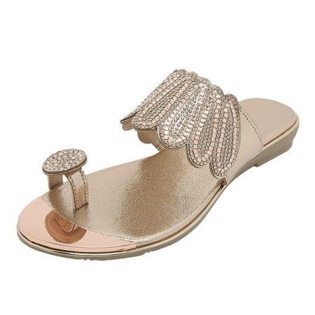 

Krdevn Women Summer On Rhinestone Casual Open Toe Flat Soft Bottom Breathable Shoes Sandals Slippers Gold 6.5