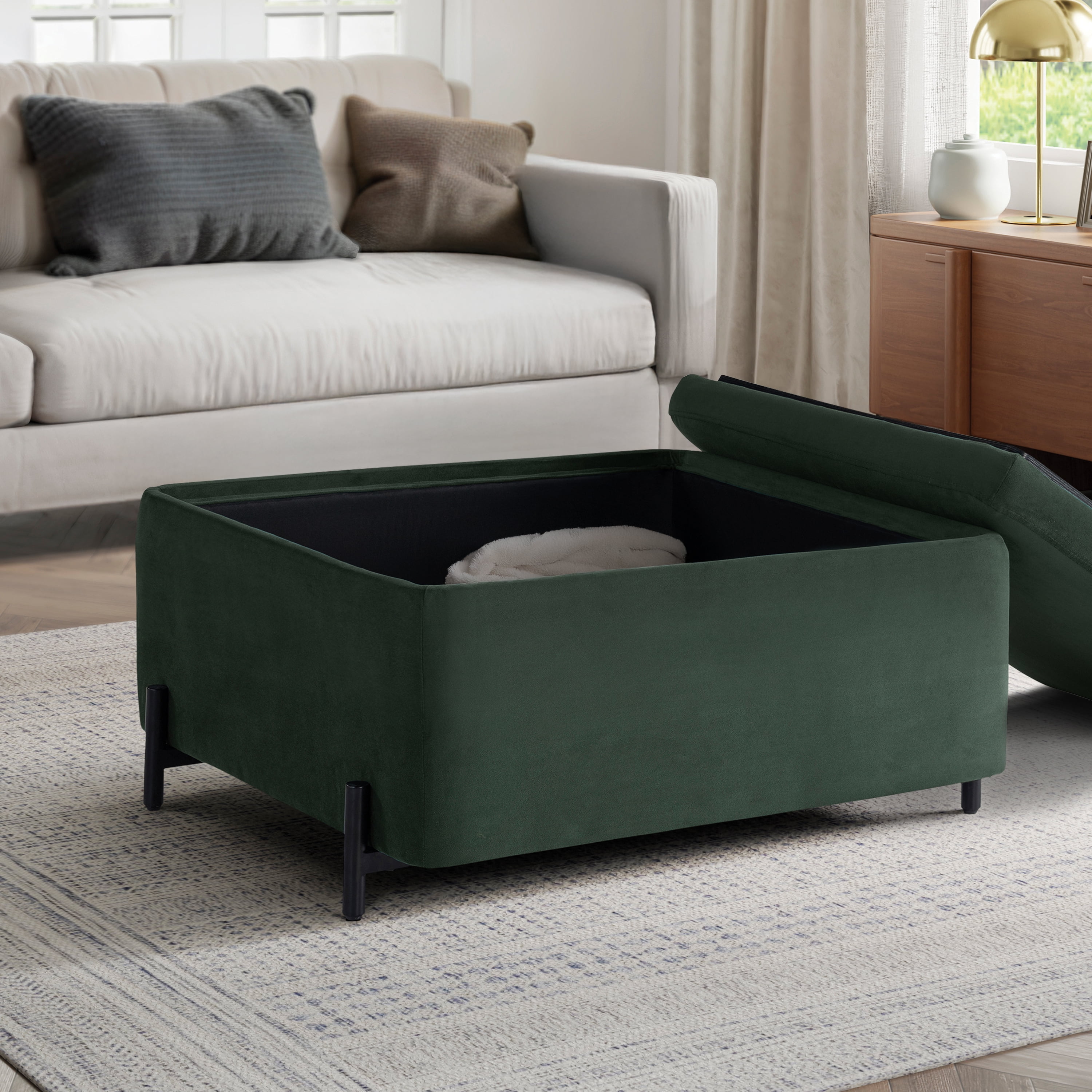 Studio Living Kingston Modern Large Storage Ottoman, Green Velvet Fabric