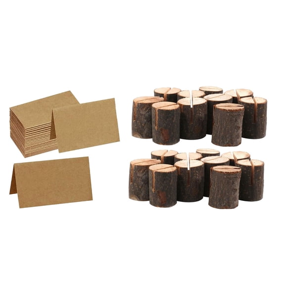 20Pcs Premium Wood Place Card Holders And 20 Pcs Kraft Place Cards, Rustic Wood Table Number Holders Stands, Name Cards Photo Holders for Wedding Party Sign Food Cards Label Eactix