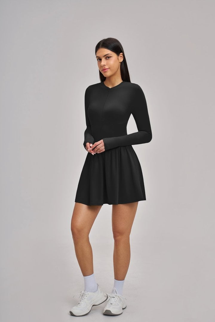 PISONIC Women Tennis Dress Long Sleeve Athletic Outfit with Built in Shorts Mini Golf Workout Dress with Pockets