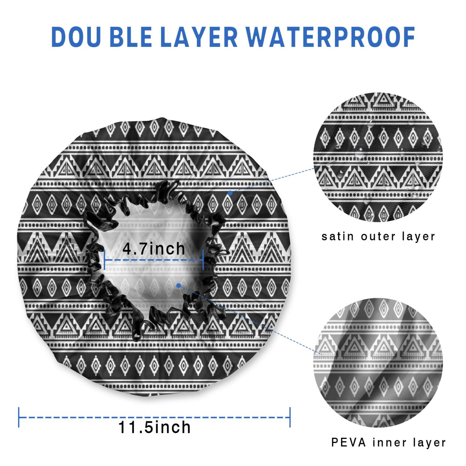 Shower Caps,Black Geometric Triangle Diamond Pattern Waterproof Shower Cap for Women 4 Pieces,Double Reusable Hair Cover for Shower PEVA Elastic Stretch Hem