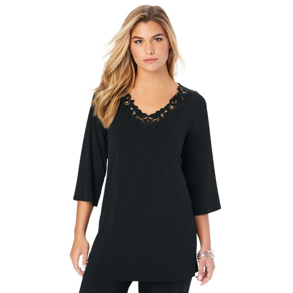 Roaman's Women's Plus Size Lace V Neck Ultrasmooth Fabric Top