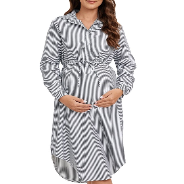 Tranfacy Robe de Maternité à Manches Longues pour Femme, Robe de Maternité Grande Taille, Robe Chemise de Maternité à Imprimé Rayé à Manches Longues avec Col, Tunique Boutonnée, Robe de Grossesse