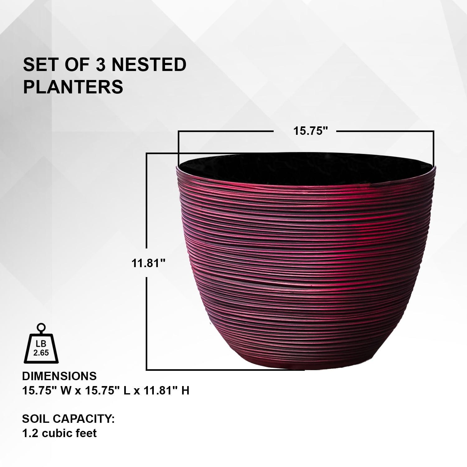 XBrand Modern Nested Round Textured Indoor Outdoor Pot Planter, Set of 3, 12 Inch Tall,
