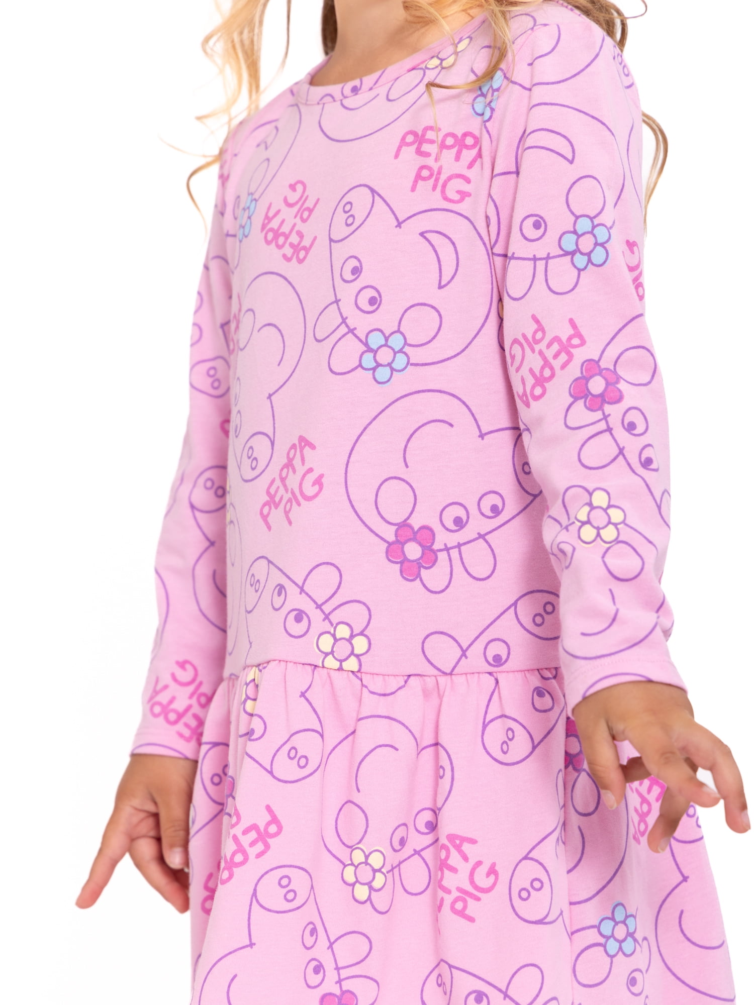 Peppa Pig Toddler Girl Long Sleeve Drop Waist All Over Print Dress, Sizes 12M-5T
