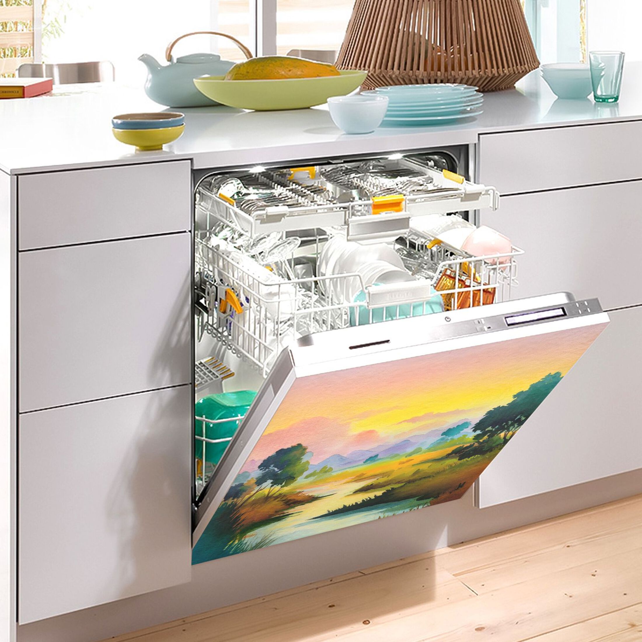 Dishwasher Magnetic Sticker 23x26 Inch Refrigerator Magnetic Sticker Washing Machine Magnetic Sticker Kitchen Panel Magnetic Sticker Home Decor Watercolor Yellow Sky