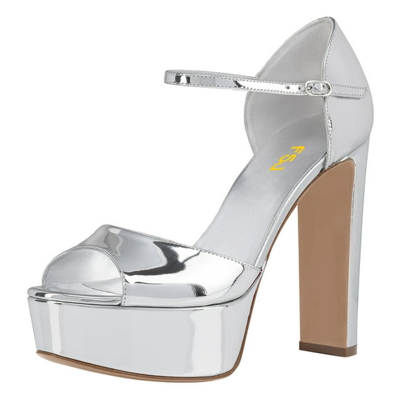 FSJ Women Fashion Platform Chunky High Heels Ankle Strap Comfy Open Toe Block Heels Sandals Wedding Party Summer Dress Shoes Size 8 Silver