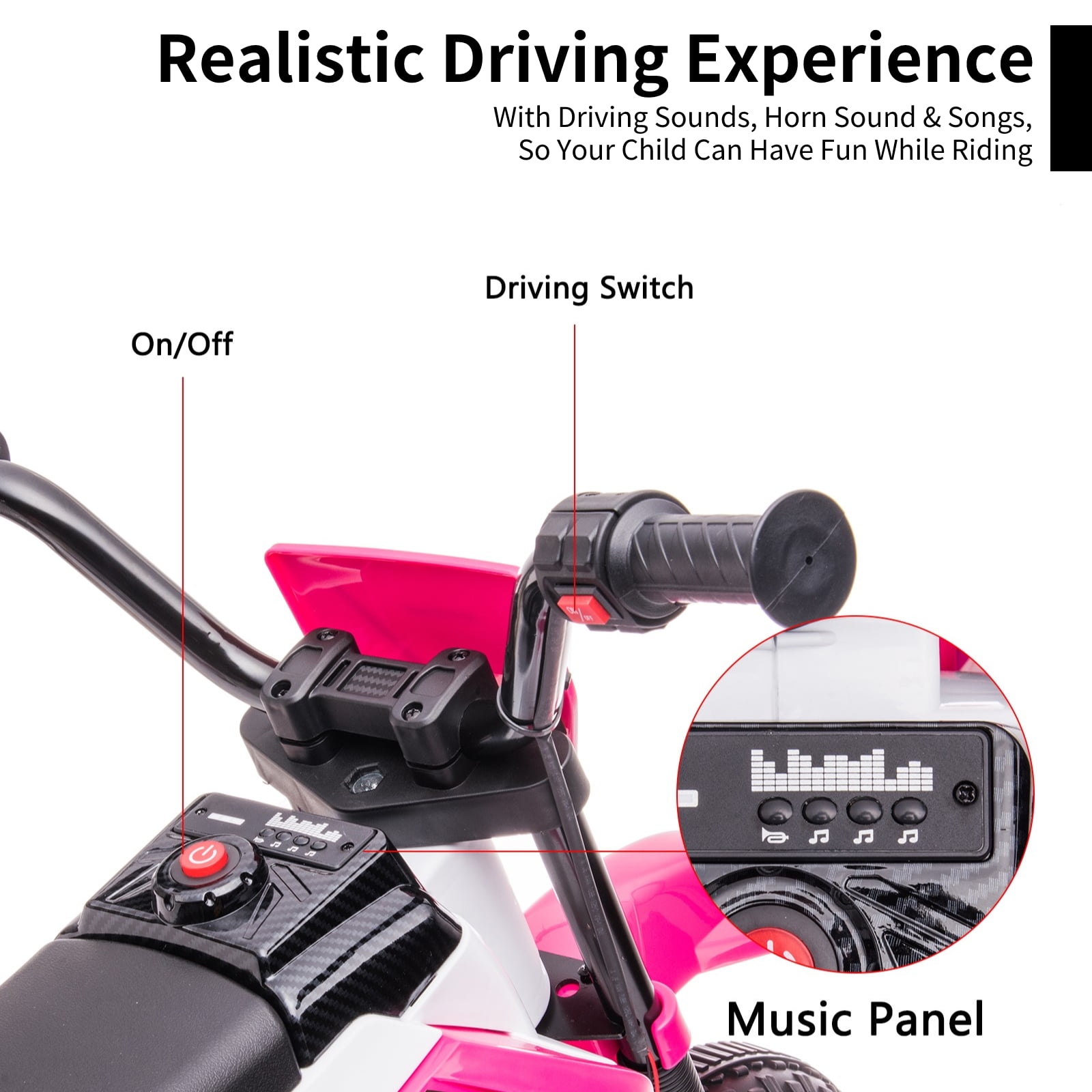 FINITO 12V Kids Ride on Motorcycle 4 Wheels Battery Powered Car Toy with 2 Training Wheels Music Player Electric Motorbike Gift for Boys Girls Age 3+, Rose Red