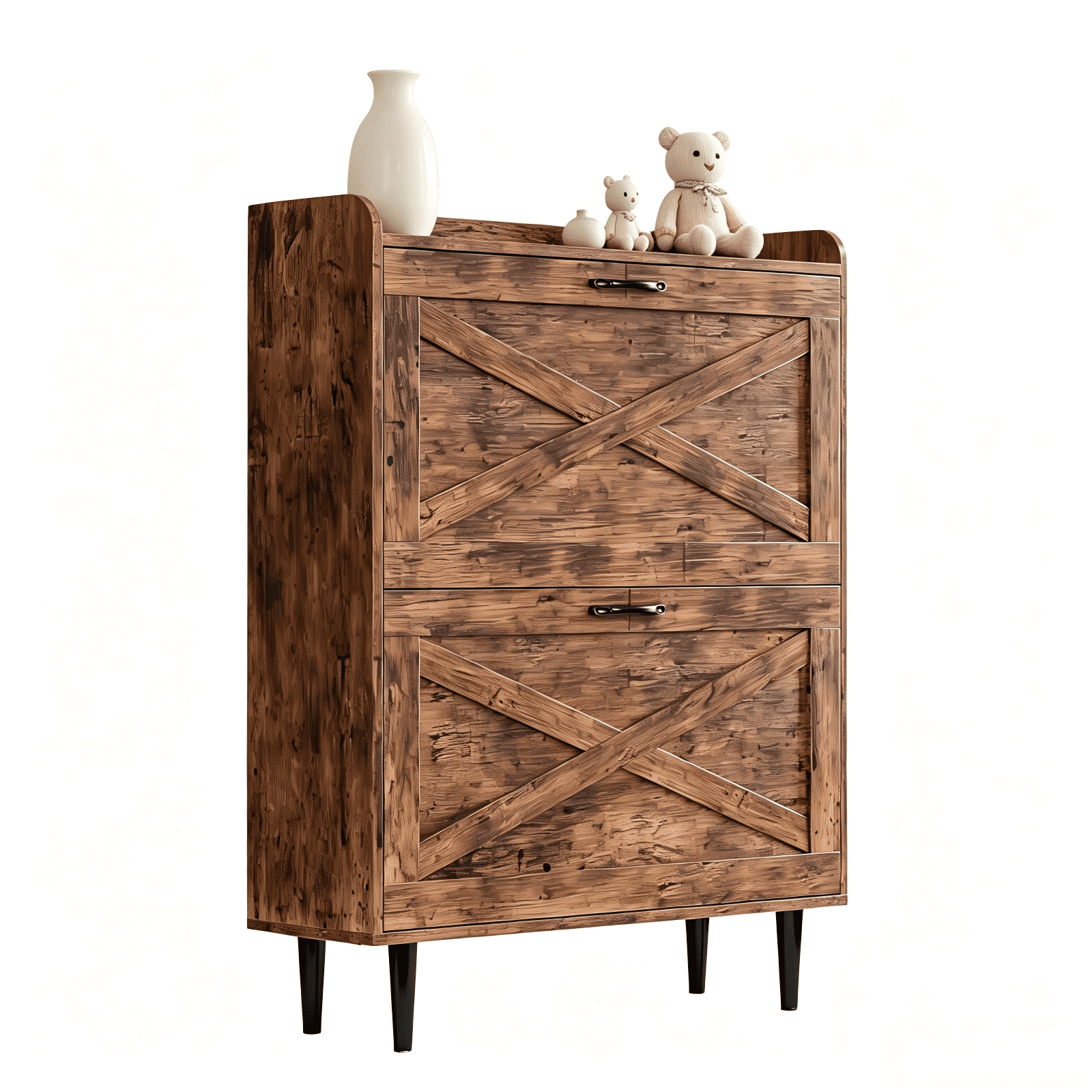 2 Flip-Top Drawer Shoe Cabinet with Sliding Barn Door and Guard-Rail