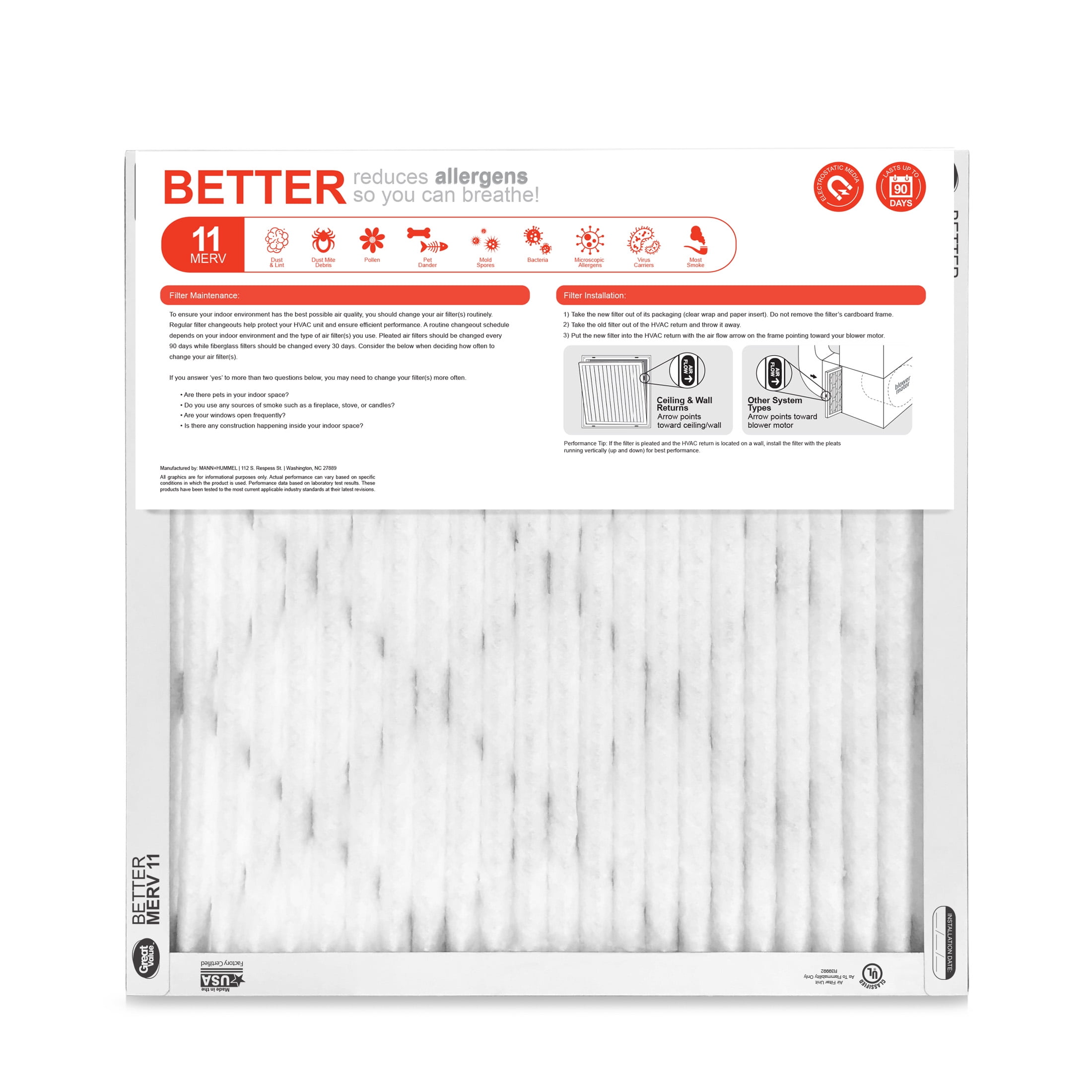Great Value; 20x20x1; MERV 11 BETTER HVAC Air and Furnace Filter; Reduces Allergens; 4 Filters