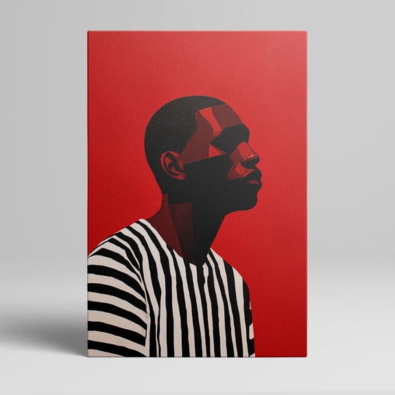 1pc Modern Geometric - styled African - American Man Portrait Canvas Wall Art, Red Background, Striped Shirt, framed Decor room hanging Wall Picture Decor for Home Gifts, living room, bathroom
