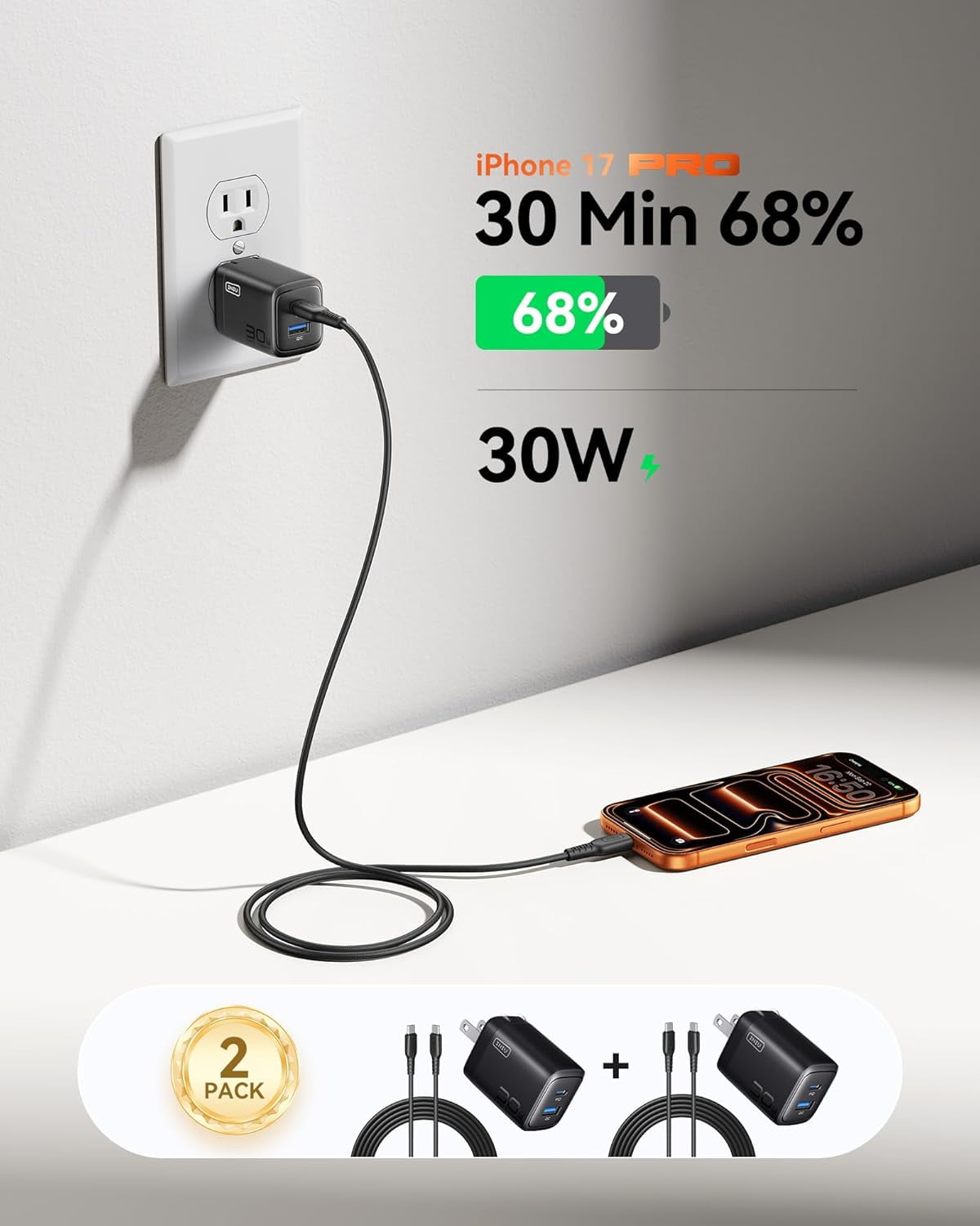 JJEAN-USB C Charger, 2-Pack 30W PD QC Fast Charging Type C Charger Block With 5ft USB-C Cable, Compact USB C Wall Charger With Foldable Plug For iPhone 17 Pro Max, Samsung S25, Commuter, Travel, Yell