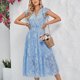 thumbnail image 4 of Vestido largo de las mujeres elegante V cuello ruffle floral impresión rodilla longitud vestido para primavera y verano azul claro M, 4 of 8