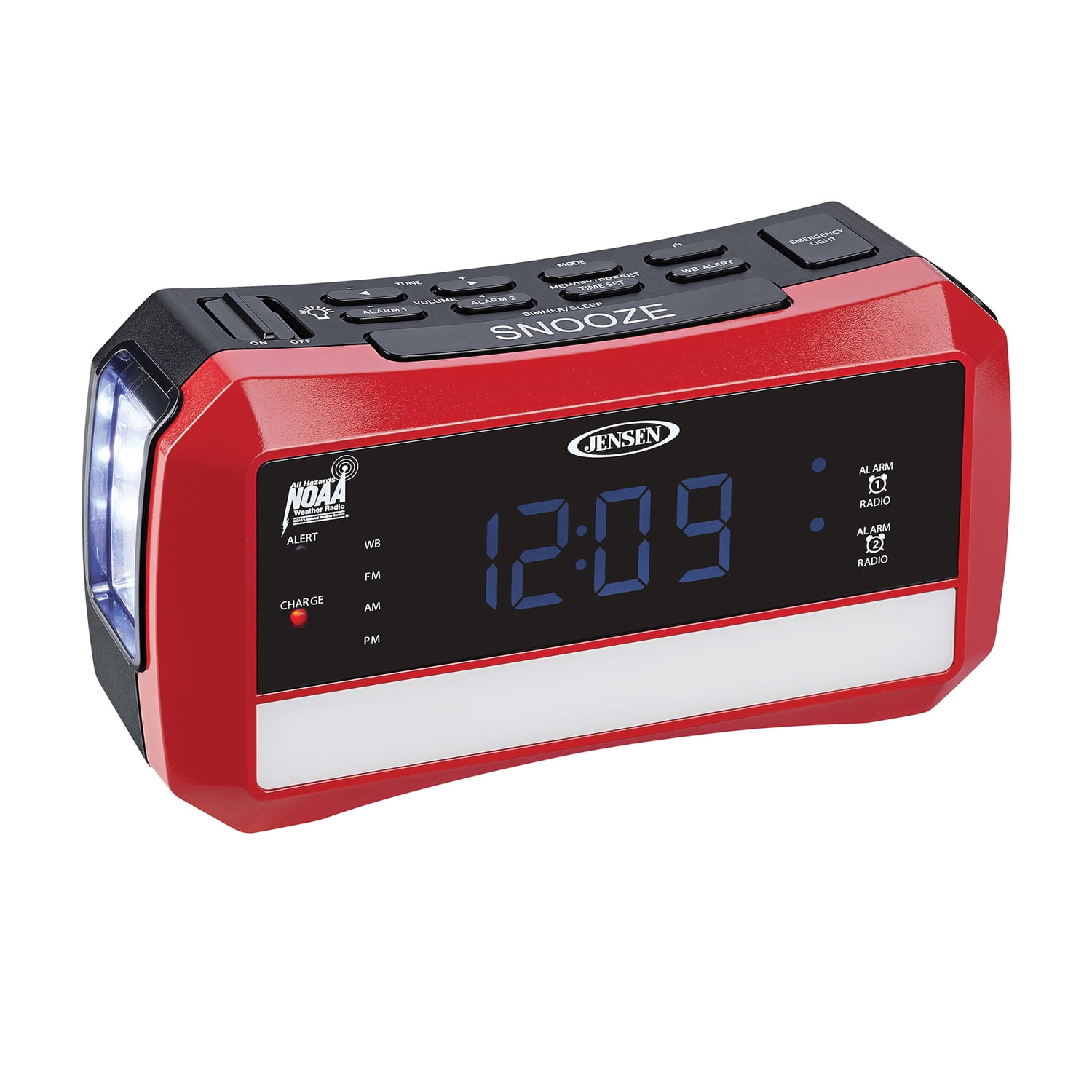 JENSEN Digital AM/FM Weather Alarm Clock Radio with Weather Alert, Emergency Light, and Flashlight, Red, JEP-775, JEP-775