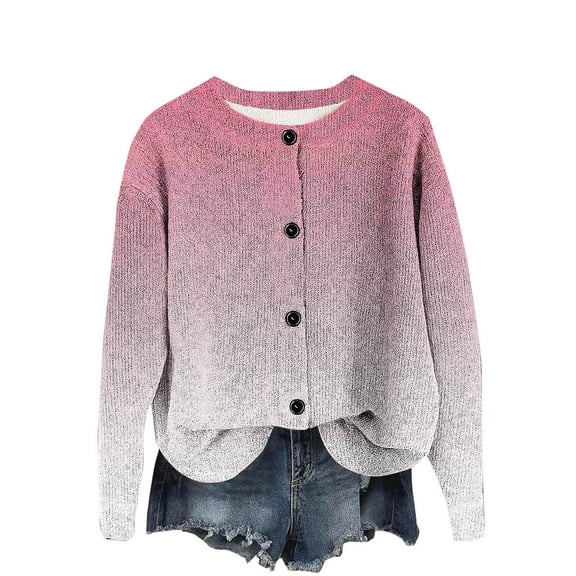 XPMWRP Women's Gradient Color Knitted Jacket Long Sleeve Button Down Casual Coats Fall Winter Trendy Loose Jacket Pink XL