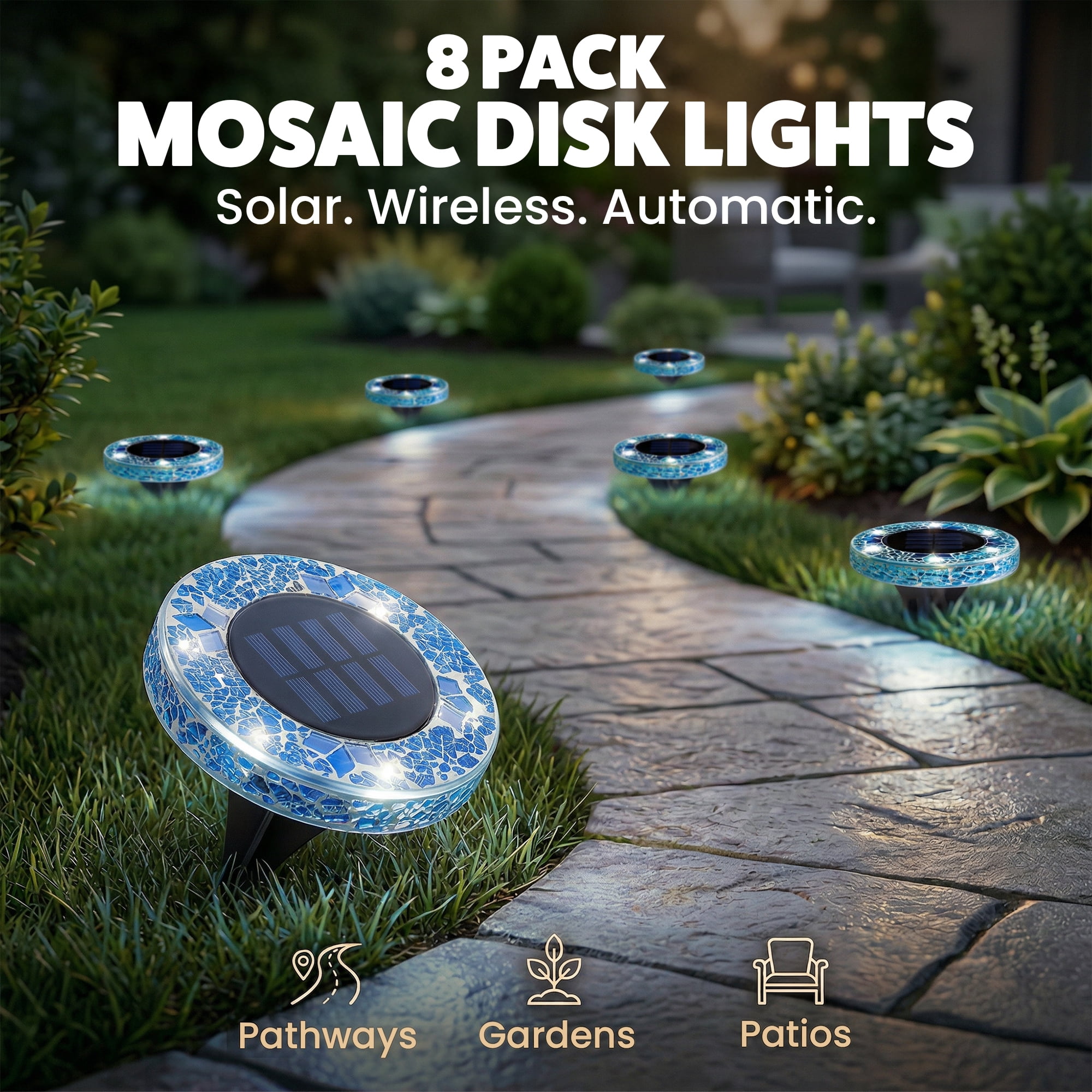 Bell+Howell Solar Outdoor Mosaic Disk Lights, 8 Pack Ultra-Premium Glass Decorative Pathway, Solar Outdoor Waterproof Disk, LED Pathway, Auto On/Off Lights - Blue