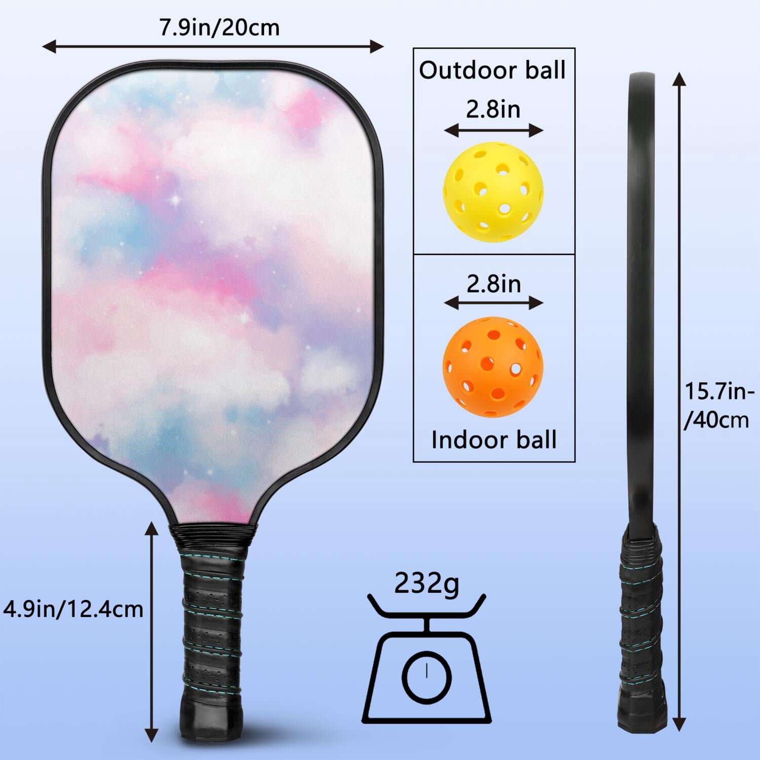 Pickleball Paddles Set Of 2, Fiberglass Surface, Dreamy Cloud Print, 4 Balls & Bag