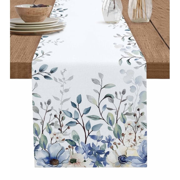 ERUNPONLY Blue Eucalyptus Table Runner - 70 Inch Long Farmhouse Flowers Leaf White Watercolor Cotton and Linen Blended Dress Scarves Farmhouse Table Runner for Kitchen Dining, Coffee Table, 13"x70"