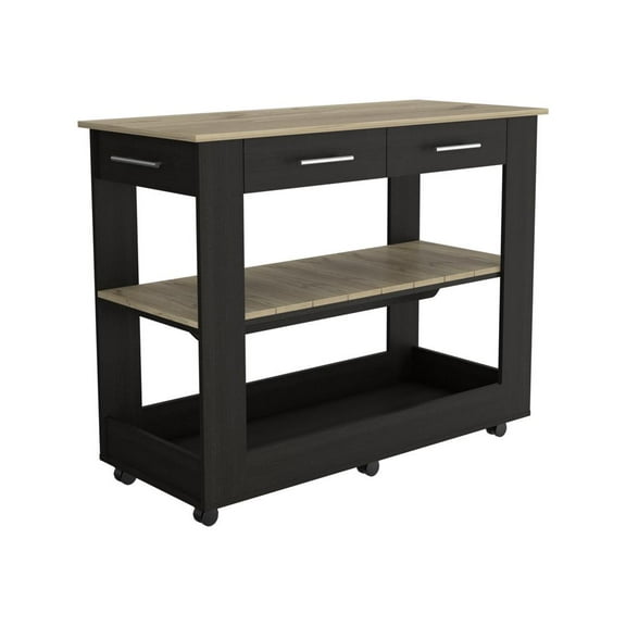 DEPOT E-SHOP Delos Kitchen Island 36" H, Six Casters, Two Drawers, Two Open Storage Shelves, Towel Hanger-Color:Black
