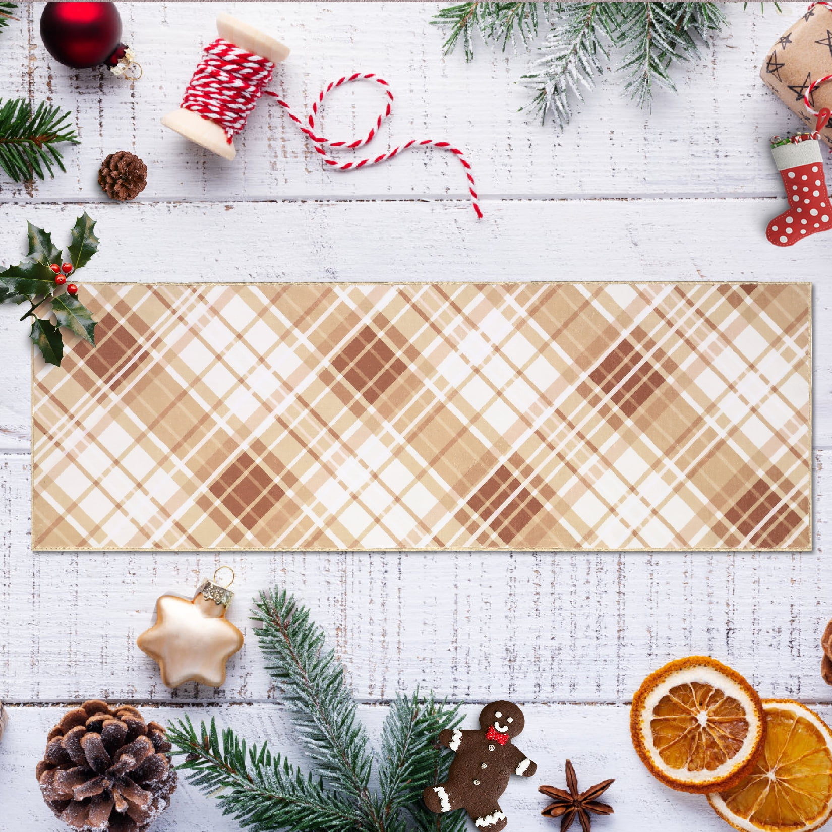 Aoile 2x6 Washable Runner Rug, Christmas Decoration Carpet, Geometric Checkered Throw Mat Floor Carpet for Hallways, Long Entryway, Coffee