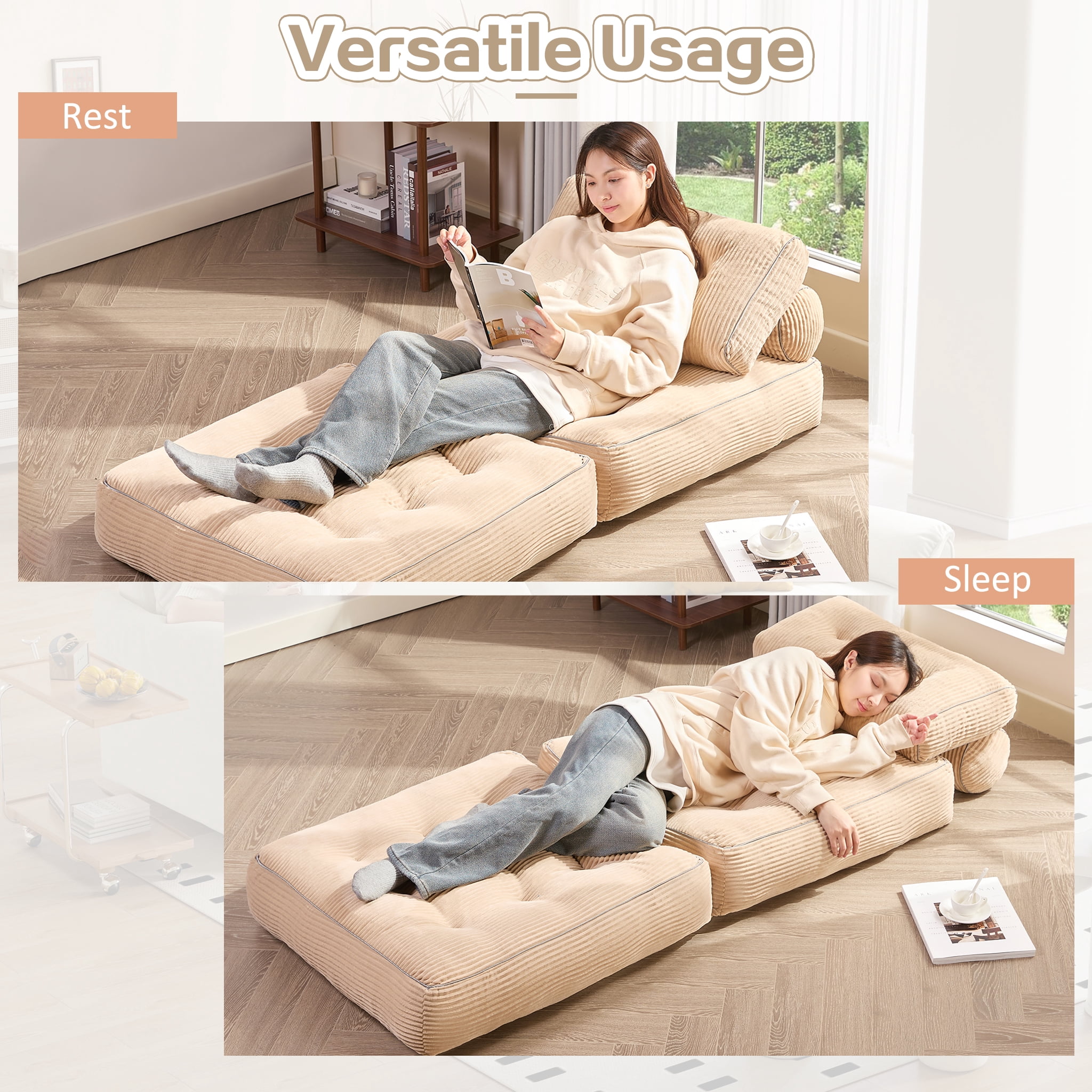 LAKPS Convertible Floor Sofa Bed, Corduroy Modular Lounge Chair with Backrest & Pillow, Folding Tatami Sofa Sleeper for Living Room, Bedroom, Dorm, Camel